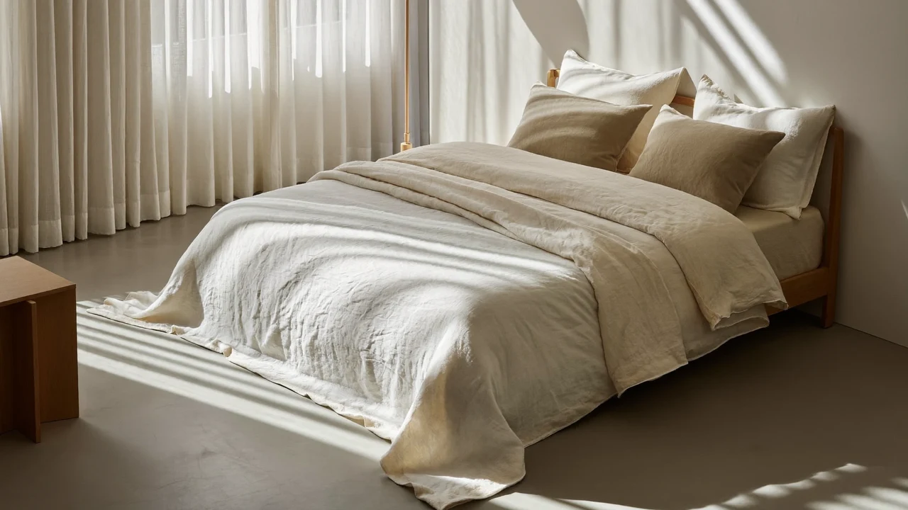 Helles Schlafzimmer mit gemachtem Bett in neutraler Leinen- und Baumwollbettwäsche