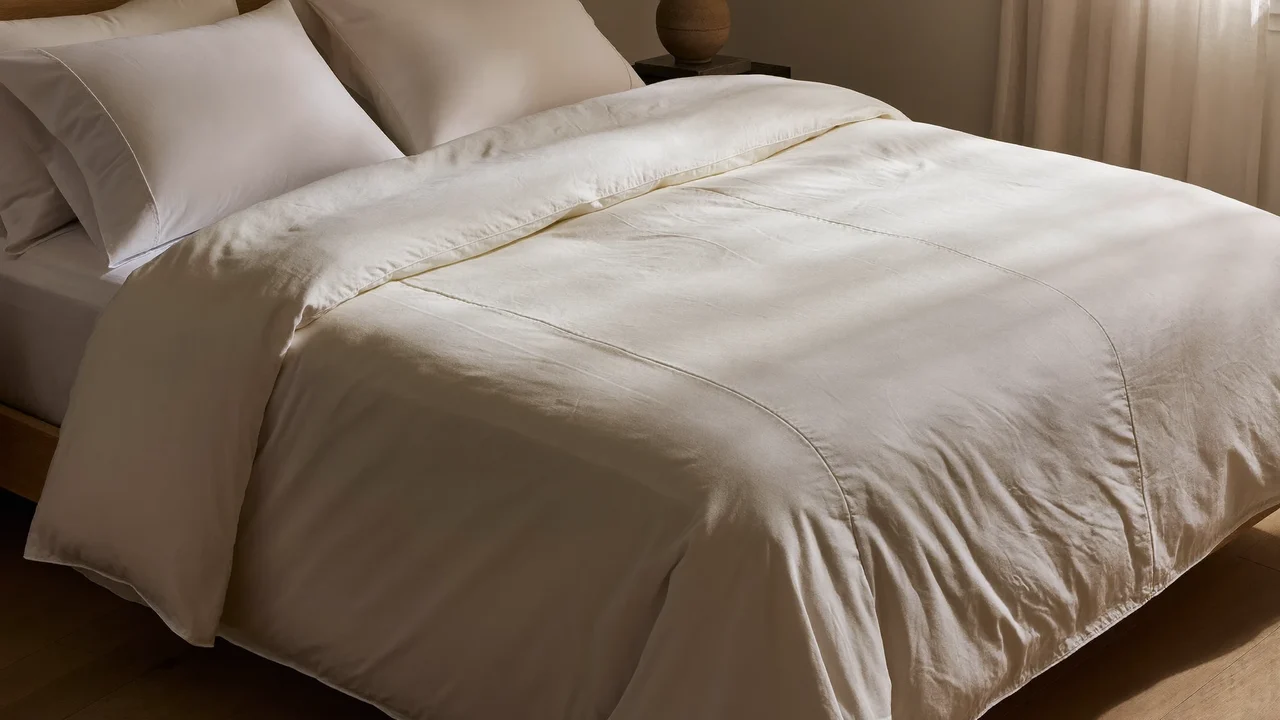 Weisses Percale-Bettbezug-Set auf einem gemachten Bett mit klaren Falten